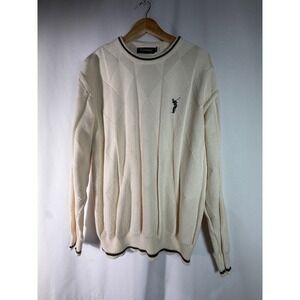 Vintage Carmel Golf Sweater Mens Large Cream White Cotton Knit Diamond Pattern L
